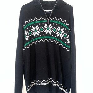 Men’s Black Half-Zip Fair Isle Sweater with Green Accents